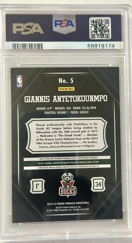 2013-14 Panini Pinnacle Giannis Antetokounmpo #5 (RC) PSA 9 Bucks view 2
