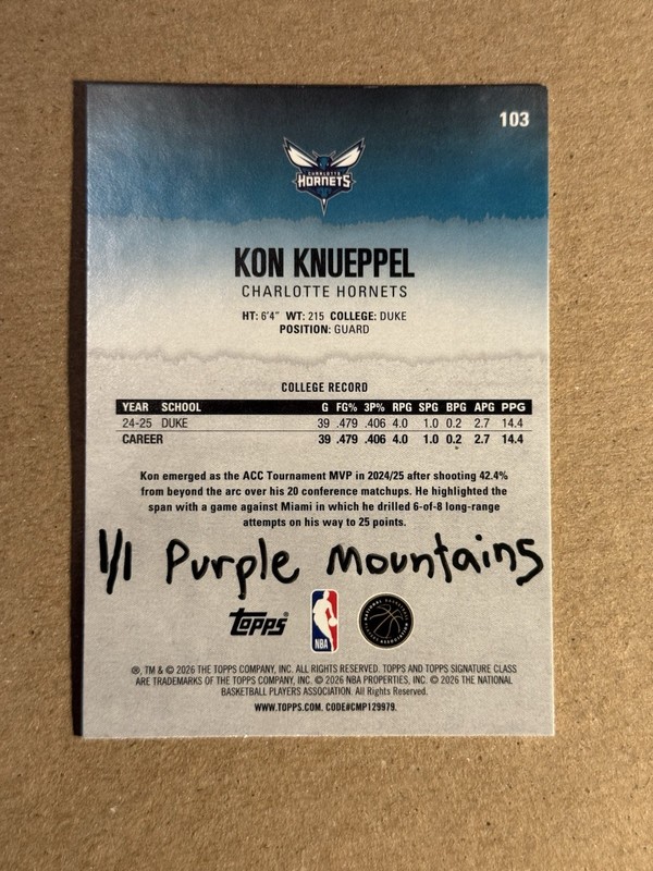 2025-26 Topps Kon Knueppel 1/1 Painted Purple Mountains view 2