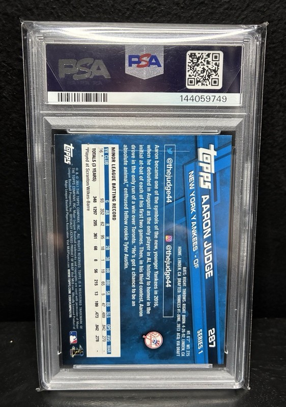 2017 Topps Aaron Judge Rookie Card RC #287 PSA 9 Mint New York Yankees view 2