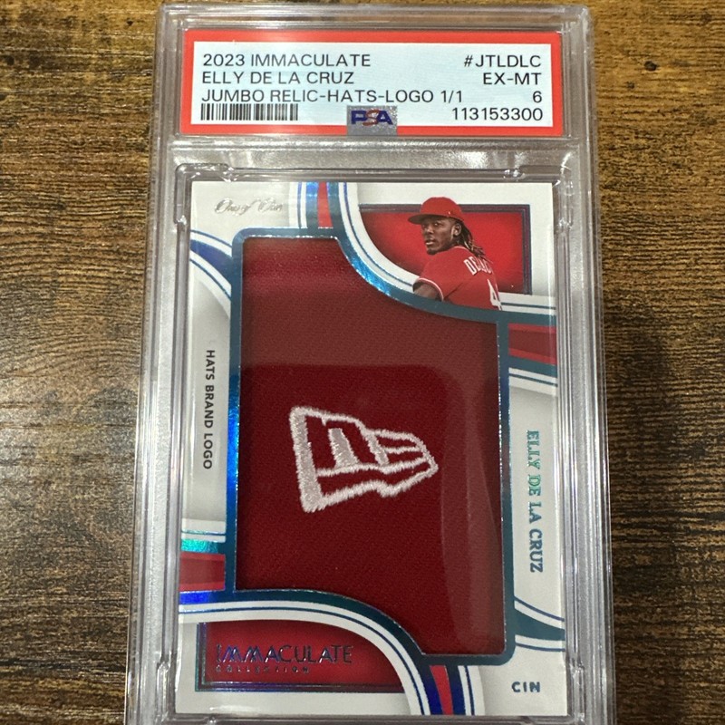 2023 Immaculate Jumbo Relic Hats Logo 1/1 Elly de La Cruz Reds PSA 6 EX-MT
