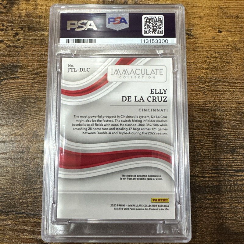 2023 Immaculate Jumbo Relic Hats Logo 1/1 Elly de La Cruz Reds PSA 6 EX-MT view 2