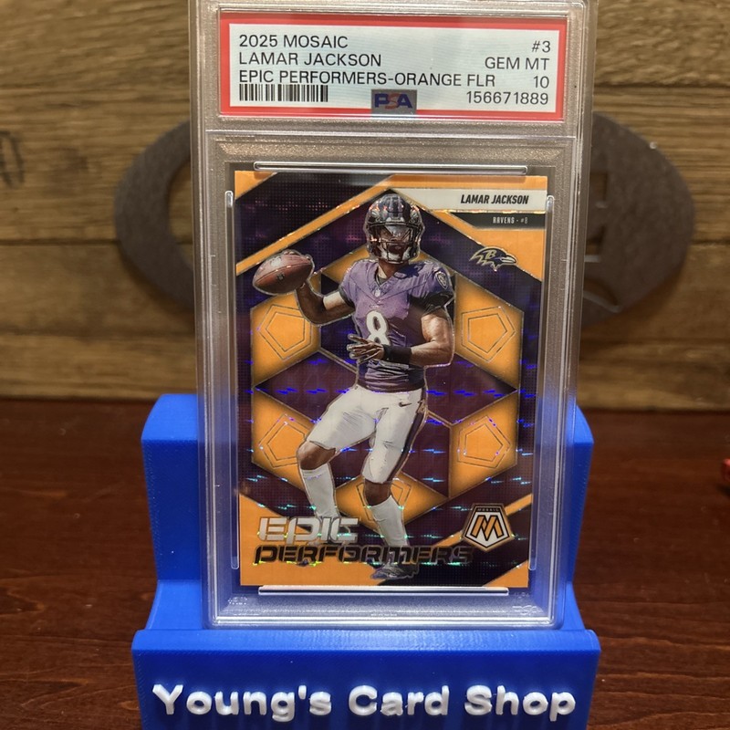 2025 Panini Mosaic Epic Performers Lamar Jackson #3 Orange Fluorescent PSA 10