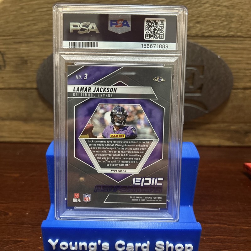 2025 Panini Mosaic Epic Performers Lamar Jackson #3 Orange Fluorescent PSA 10 view 2