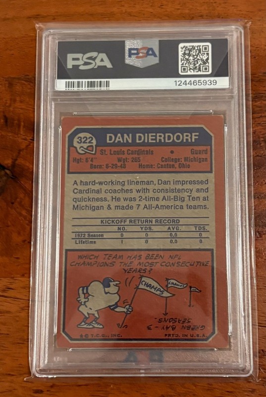 1973 Topps #322 Dan Dierdorf Signed RC PSA 10 Auto Cardinals HOF Autographed view 2