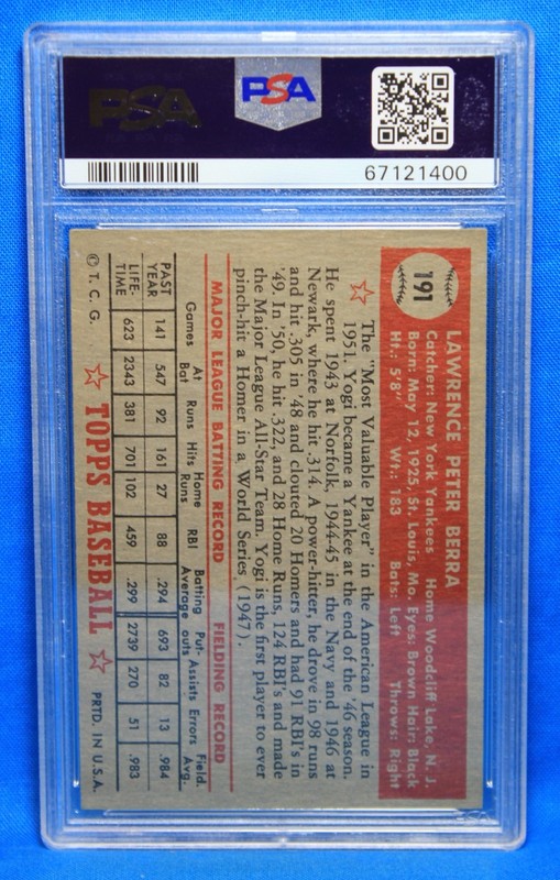 1952 TOPPS # 191 Yogi Berra PSA 3 VG # 67121400  NEW YORK YANKEES !!!! view 2