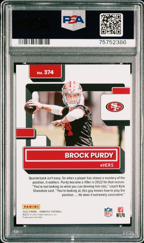 2022 Panini Donruss - Rated Rookie -  Brock Purdy #374 (RC) Gem Mint PSA 10 view 2