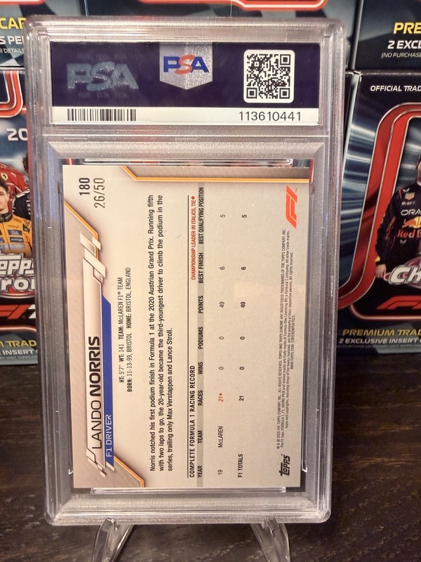 2020 Topps F1 Chrome Lando Norris (RC) #180 Gold Sapphire 26/50 PSA 8 view 2