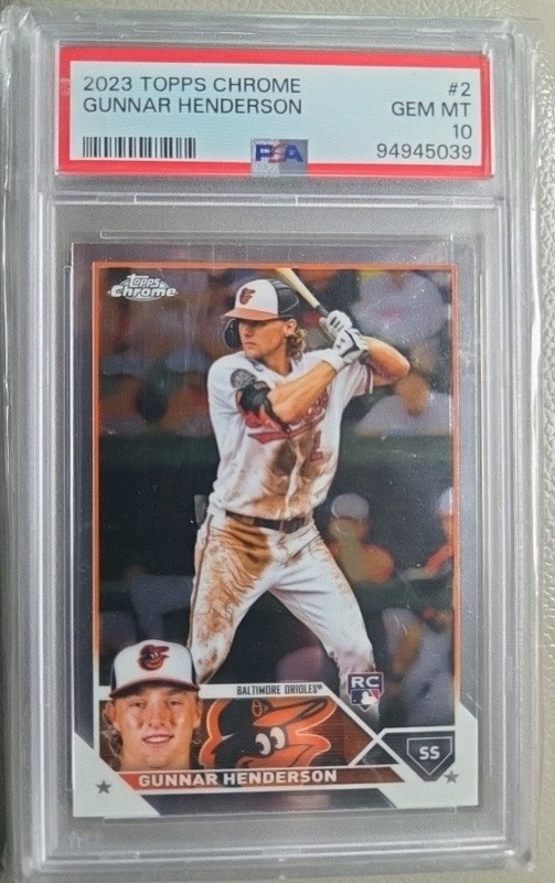 Gunnar Henderson 2023 Topps Chrome Batting #2 RC Rookie PSA 10 Baltimore Orioles view 1