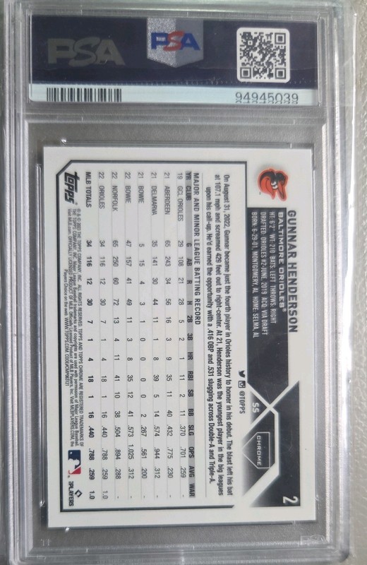 Gunnar Henderson 2023 Topps Chrome Batting #2 RC Rookie PSA 10 Baltimore Orioles view 2
