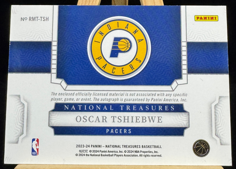Oscar Tshiebwe 2023-24 Panini National Treasures 4/8 RPA Auto Triple Patch RC view 2