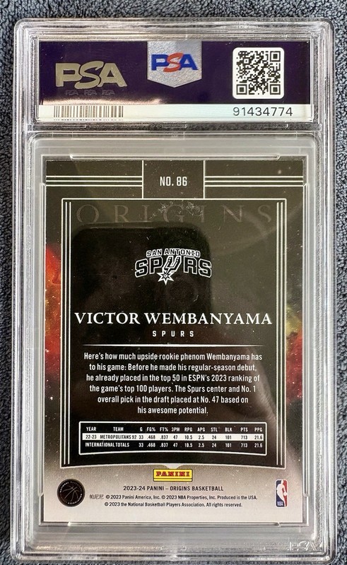 2023 Origins Victor Wembanyama #86 San Antionio Spurs PSA 9 RC view 2