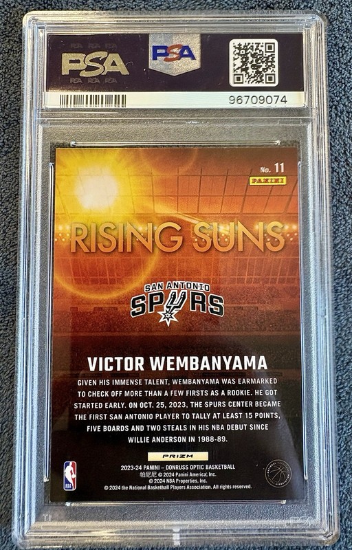 2023-24 Donruss Optic Rising Suns Hologram Victor Wembanyama Rookie #11 PSA 9 view 2