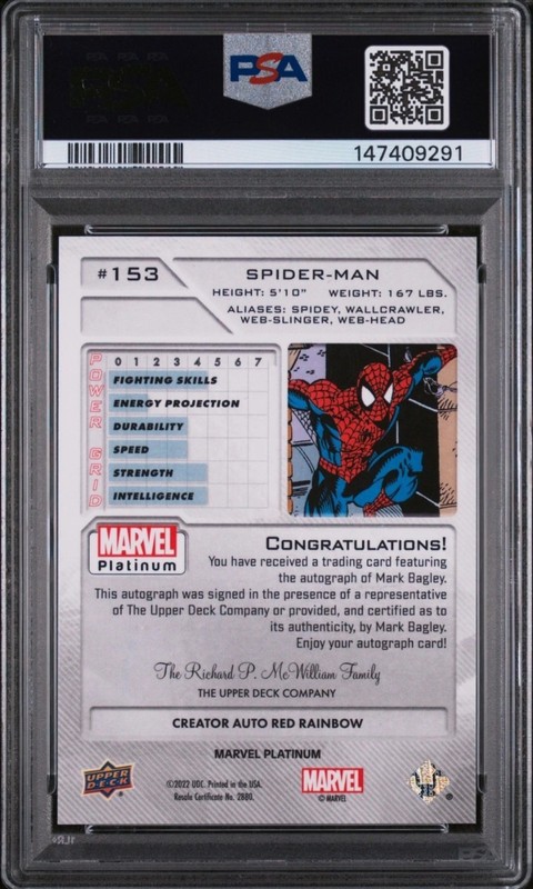2023 SPIDER MAN PSA 9 AUTO MARK BAGLEY AUTOGRAPH UPPER DECK MARVEL PLATINUM  view 2