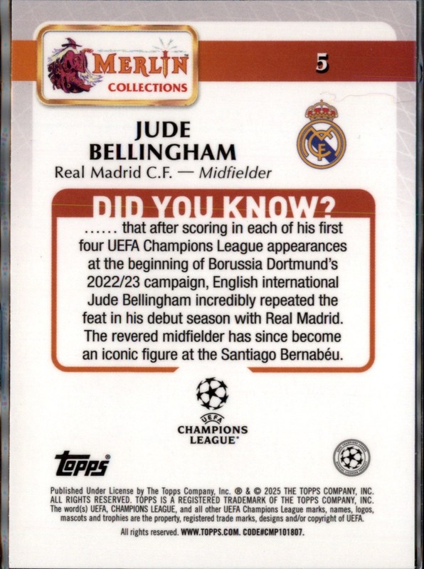 2024-25 Topps Merlin Chrome UEFA Jude Bellingham Aqua Atomic Refractor /75 #5 view 2
