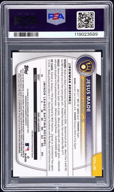 2025 BOWMAN JESUS MADE CHROME PROSPECT AUTO TRUE ORANGE REF /25 #CPA-JM PSA 10 view 2