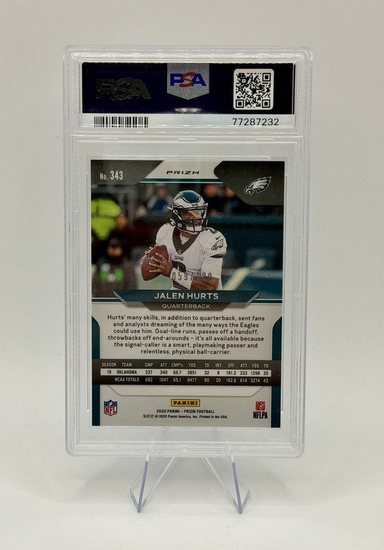 2020 Panini Prizm Rookie Jalen Hurts #343 Blue Wave Prizm /199 (RC) PSA 9 view 2