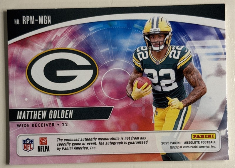 Matthew Golden 2025 Panini Absolute Football Rookie Premier 3 Patch Auto /99 view 2