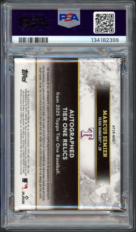 2025 Topps Tier - Marcus Semien Auto Tier One Relic-Dual /99 #AT1R-MSE PSA 8 view 2