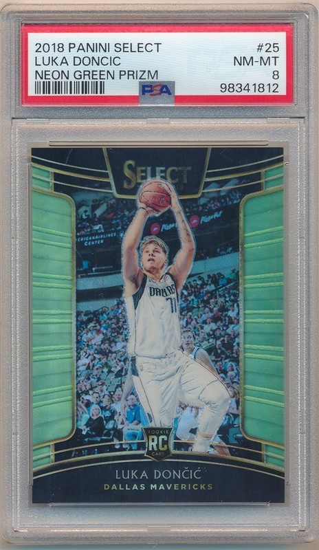 LUKA DONCIC 2018/19 PANINI SELECT #25 RC ROOKIE NEON GREEN PRIZMS #06/75 PSA 8