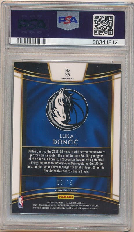 LUKA DONCIC 2018/19 PANINI SELECT #25 RC ROOKIE NEON GREEN PRIZMS #06/75 PSA 8 view 2