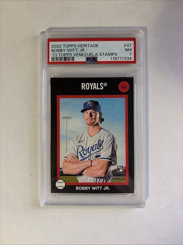 2022 Topps Heritage #47 Bobby Witt Jr. ‘73 Topps Venezuela Stamps PSA 7