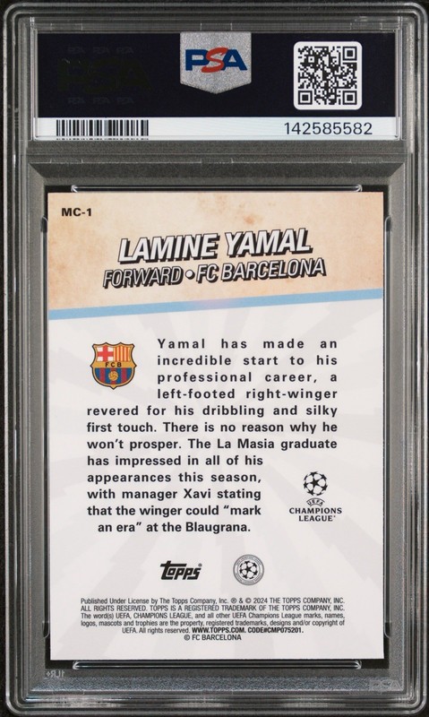 2023-24 Topps Merlin Lamine Yamal RC Merlin’s Chosen Ones PSA 8 Barcelona Rookie view 2