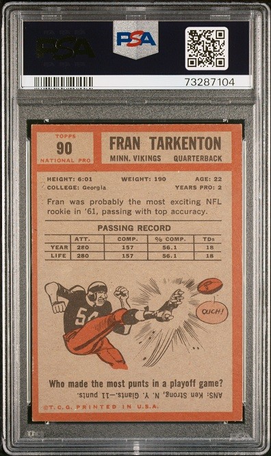 1962 Topps #90 Fran Tarkenton RC PSA 4 (MK) Minnesota Vikings HOF U. of Georgia view 2
