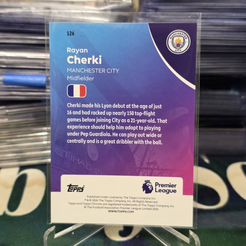 2025-26 Topps Chrome Sapphire Premier League Rayan Cherki Green /99 view 2