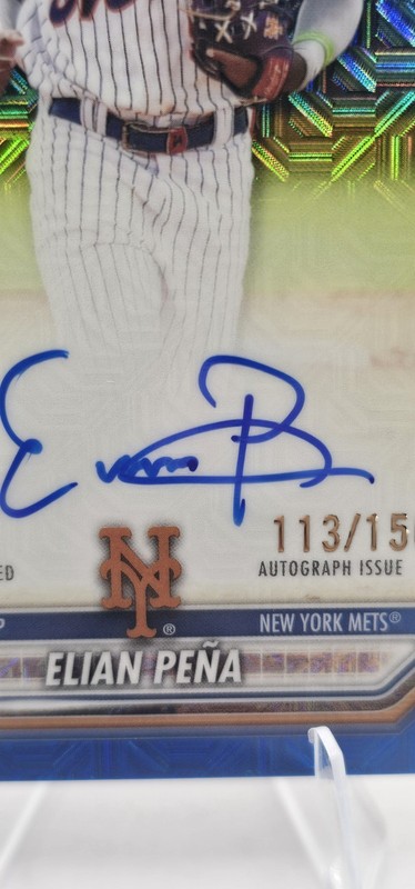 2026 Bowman Chrome Elian Pena Topps Certified Autograph Blue Mojo (miscut back) view 2