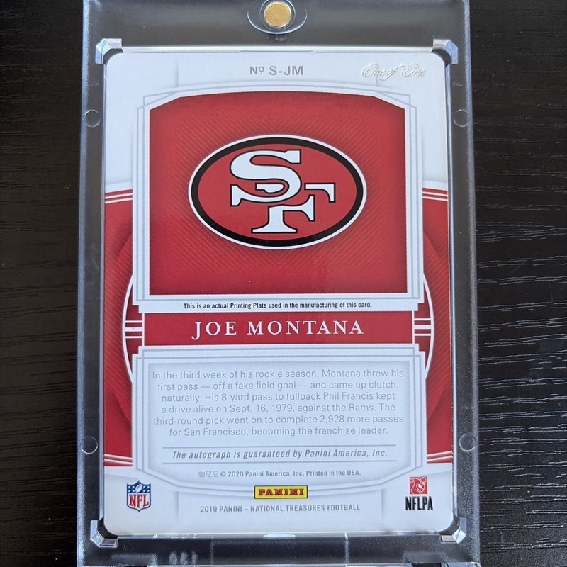 2019 Panini National Treasures Joe Montana Auto Printing Plate Blue 1/1 view 2