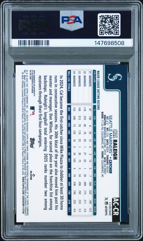 2025 Topps Chrome Update Cal Raleigh True Gold Auto /50 Psa 9 view 2