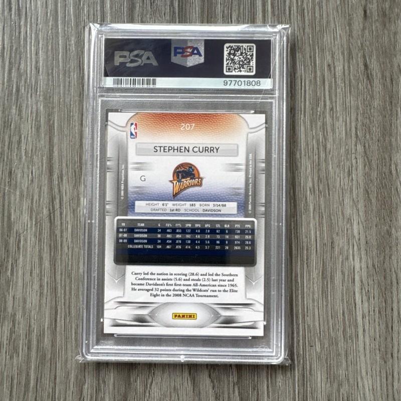 2009 Panini Prestige #207 Stephen Curry RC PSA 9 Golden State Warriors view 2