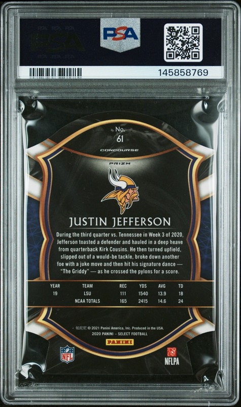 2020 Panini Select #61 Justin Jefferson Die-Cut Light Blue Prizm PSA 9 (RC) view 2