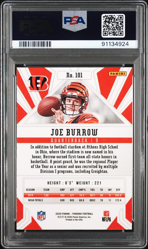 JOE BURROW 2020 Panini Phoenix #101 Fire Burst PSA 9 RC Rookie Card view 2