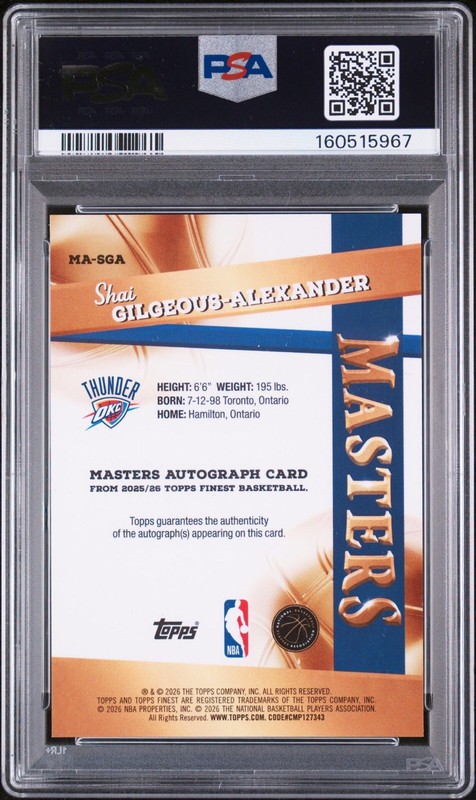 2025 TOPPS FINEST SHAI GILGEOUS-ALEXANDER MASTERS AUTO ORANGE /25 PSA 10 POP 1 view 2