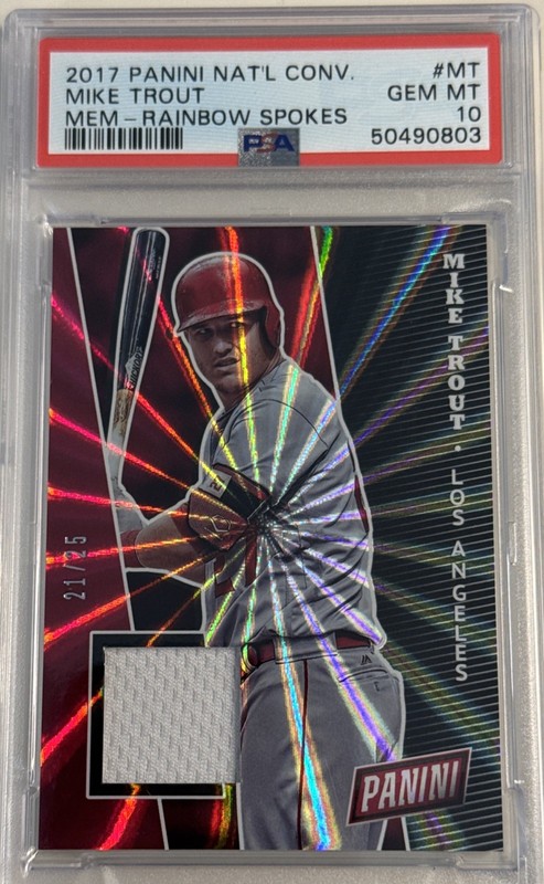 Mike Trout 2017 Panini National Convention Relics Rainbow Spokes /25 PSA 10 Pop1