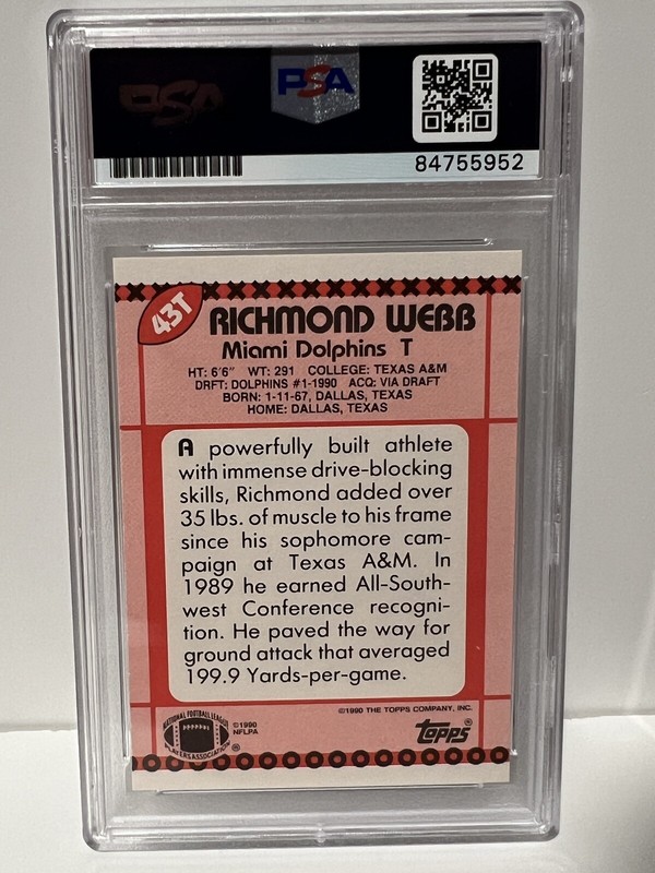 RICHMOND WEBB Signed Auto Autographed 1990 Topps Traded Rookie RC Dolphins PSA view 2