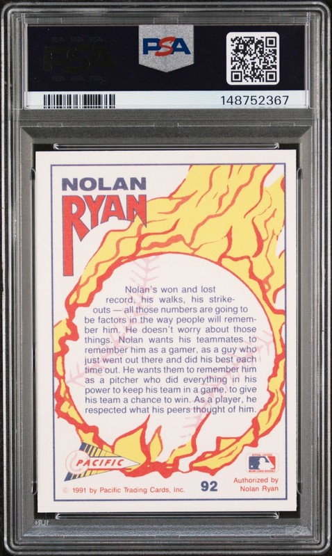 1991 Pacific NOLAN RYAN "Bloody Lip Jersey" Baseball Card #92 Graded PSA 9 MINT view 2