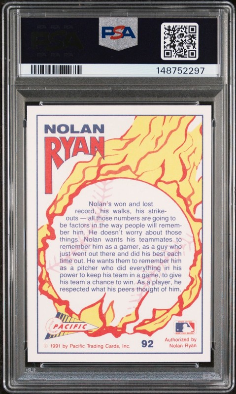 1991 Pacific NOLAN RYAN "Bloody Lip" Baseball Card #92 Graded PSA 10 GEM MINT view 2