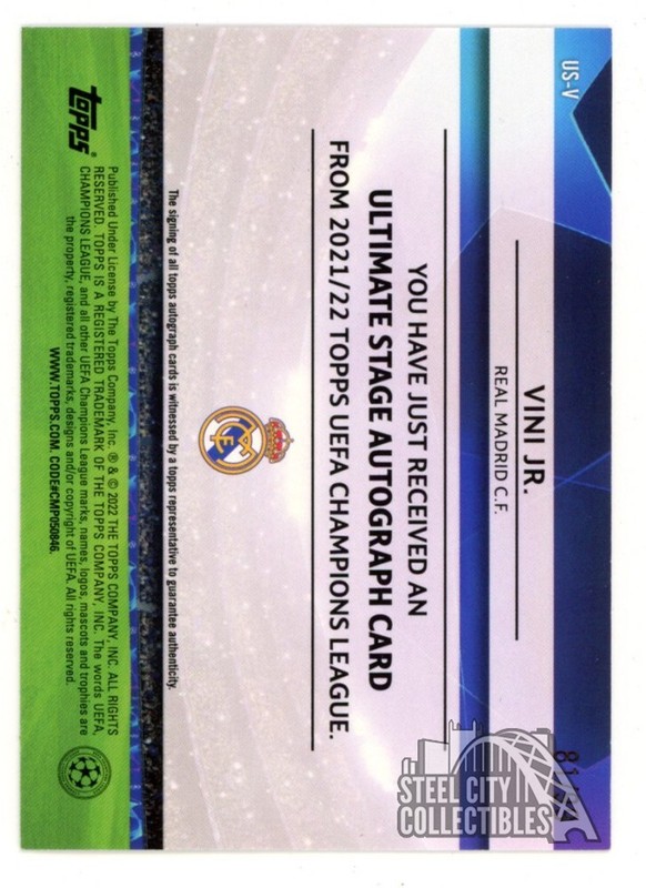 Vinicius Jr 2021-22 Topps Champions League Ultimate Stage Autograph Card 81/99 view 2