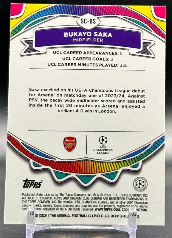 2023-24 Topps Stadium Club Chrome #SC-BS Bukayo Saka Arsenal FC RC Say Cheese view 2