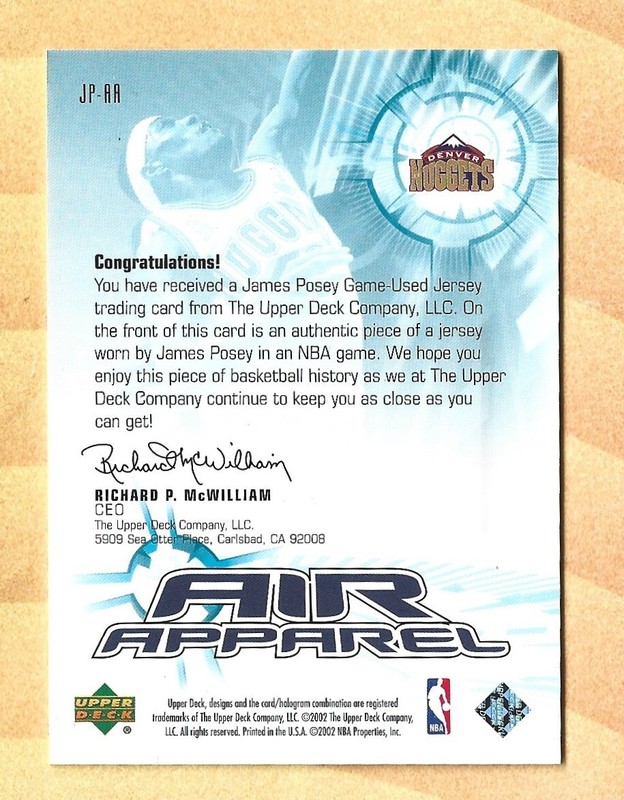 2002 James Posey Upper Deck Air Apparel Game-Used Jersey Card #JP-AA view 2