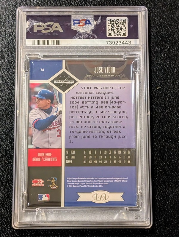 2004 Leaf Limited Monikers Platinum Jose Vidro AUTO DNA 10 TRUE 1/1 #74 PSA view 2