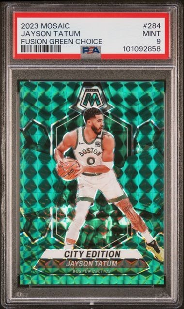 2023 Panini Mosaic #284 Jayson Tatum City Fusion Green Choice /18 Graded PSA 9