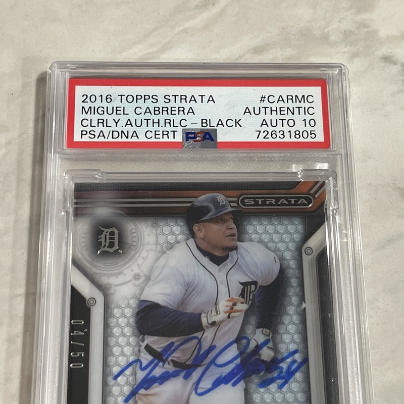 2016 topps strata Miguel Cabrera patch auto PSA 10 game worn 2015 MLB AUTH 2 hit view 2