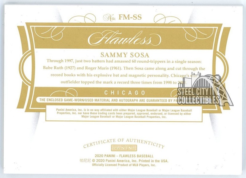 Sammy Sosa 2020 Panini Flawless Milestones Sapphire Patch Auto Card #FM-SS 06/15 view 2