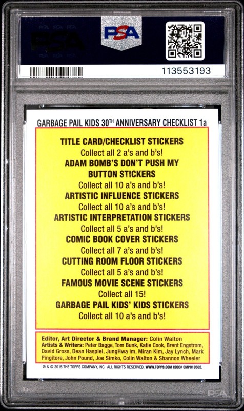 2015 Garbage Pail Kids 30th Anniversary Series ADAM BOMB 1a CHECKLIST PSA 10 GEM view 2