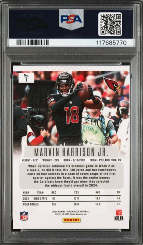 2024 PRIZM DECA #7 MARVIN HARRISON JR. PSA MINT 9 view 2