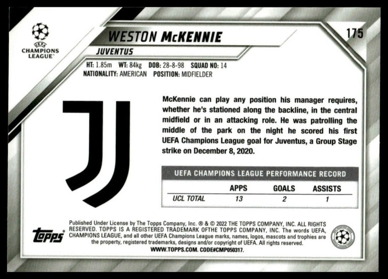 2021-22 Topps Chrome Sapphire Edition UEFA Champions League #175 Weston McKennie view 2