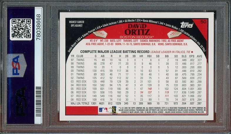 2009 Topps #50 David Ortiz GEM-MT PSA 10 Boston Red Sox 8668 view 2